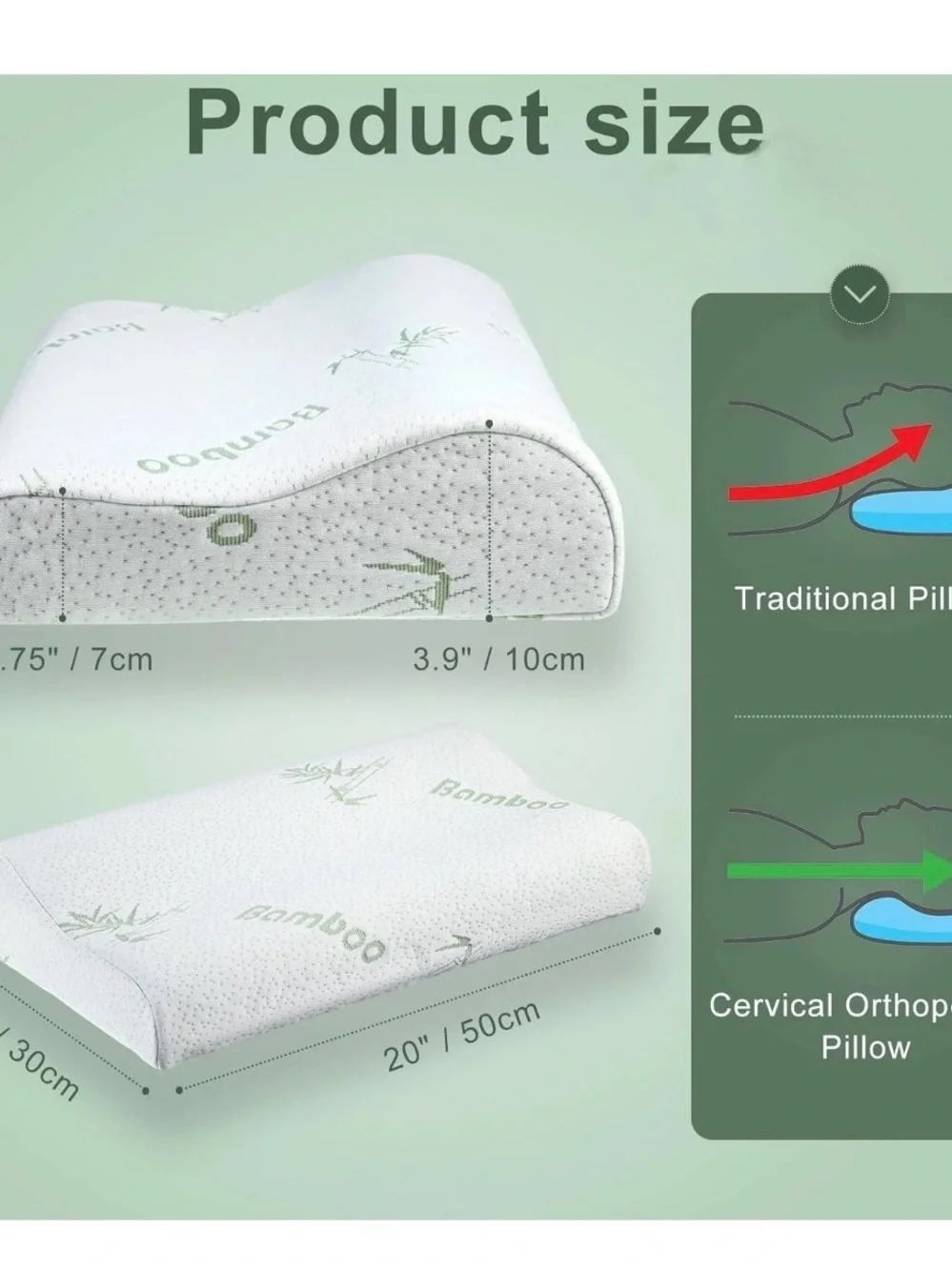 BAMBOO White Memory Foam Contour Pillow with Light Green Bamboo Print